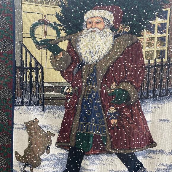 Santa Claus Tree & Dog Christmas Tapestry Throw Blanket 53” x48”Vintage USA Made - Picture 7 of 9